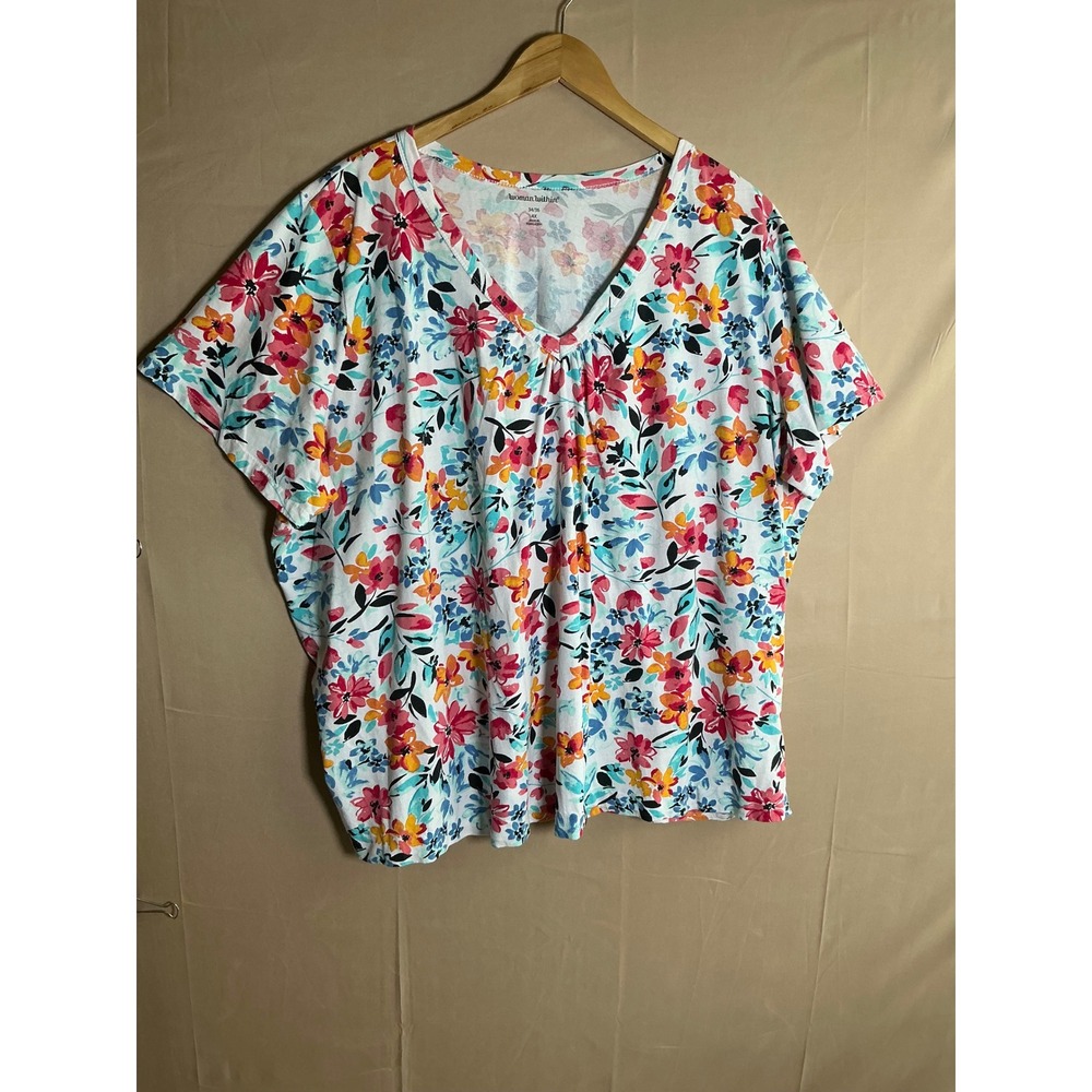 WomanWithin Floral V-Neck Short Sleeve Cotton Top Plus Size 4X 34/36 White Multi